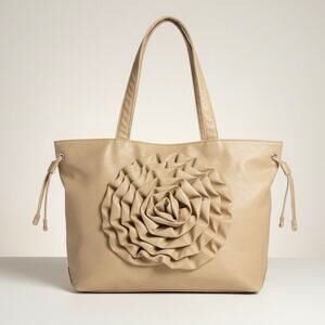 Chateau Beige Faux Leather 3D Rose Drawstring Tote Bag